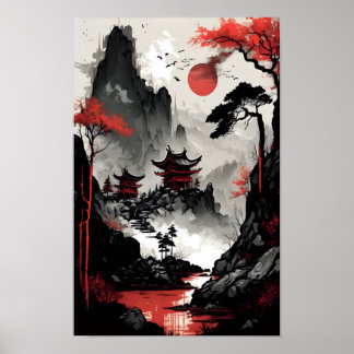 Crimson Sun Over Forbidden Peaks Poster