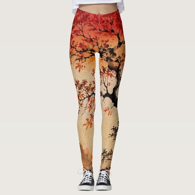 Crimson sun over Tree of Life Leggings (Front)