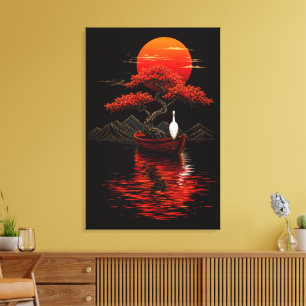 Crimson Sunset Bonsai – Japanese Zen Landscape Canvas Print