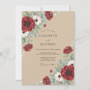 Crimson Taupe Ranunculus Eucalyptus Wedding Invitation