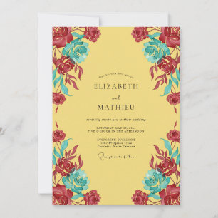 Crimson Teal Leafy Wedding Invitation