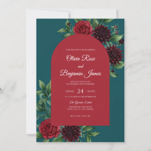 Crimson Teal Peony Wedding Invitation
