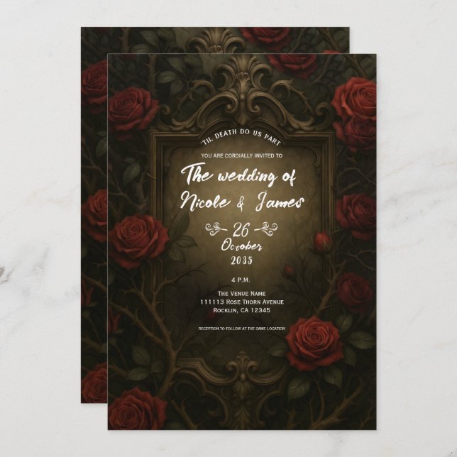 Crimson Thorn Red Roses Gothic Baroque Wedding Invitation (Front/Back)