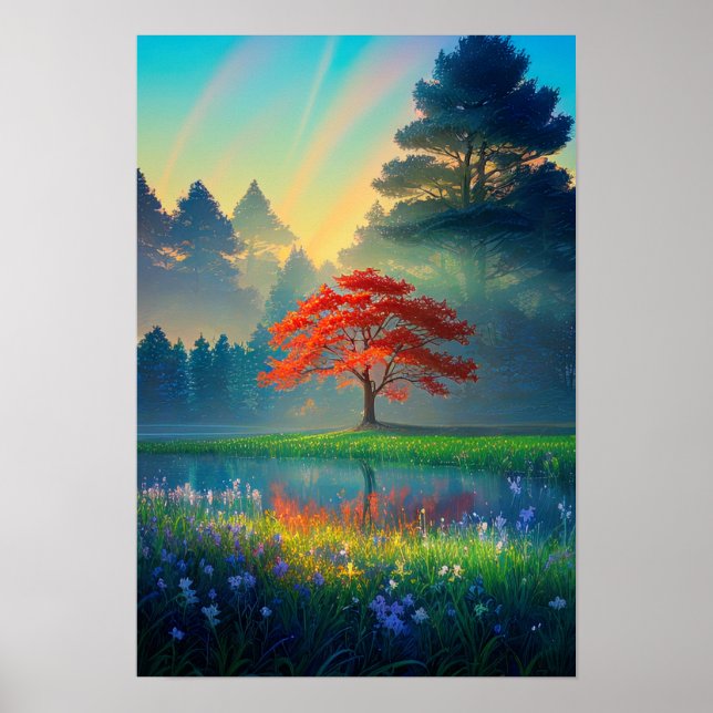 Crimson Tree Amidst Forest Clearing Poster (Front)