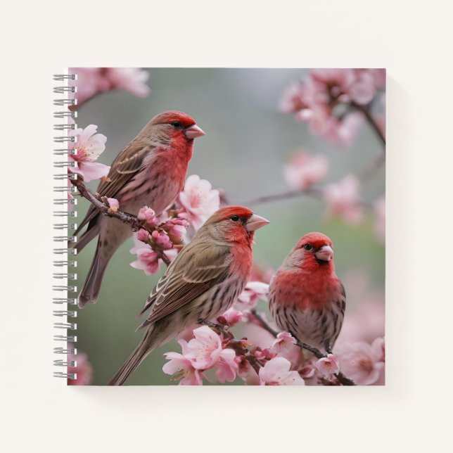"Crimson Trio: Red Finches Amidst Pink Blooms" Notebook (Front)