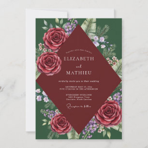 Crimson Tropical Leaf Wedding Invitation