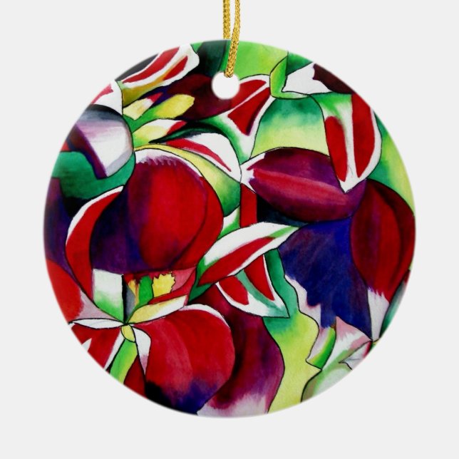 Crimson tropical Singapore Orchids flower art Ceramic Tree Decoration (Front)