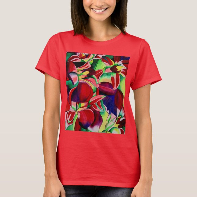 Crimson tropical Singapore Orchids flower art T-Shirt (Front)