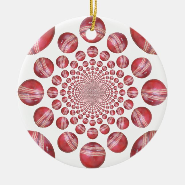 Crimson Vortex: Beautiful Red Cricket Ball Art Ceramic Tree Decoration (Front)