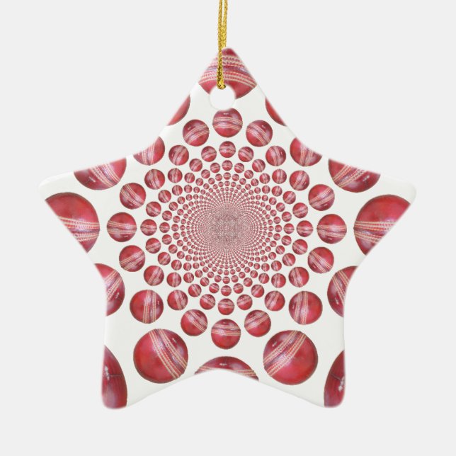 Crimson Vortex: Beautiful Red Cricket Ball Art Ceramic Tree Decoration (Front)