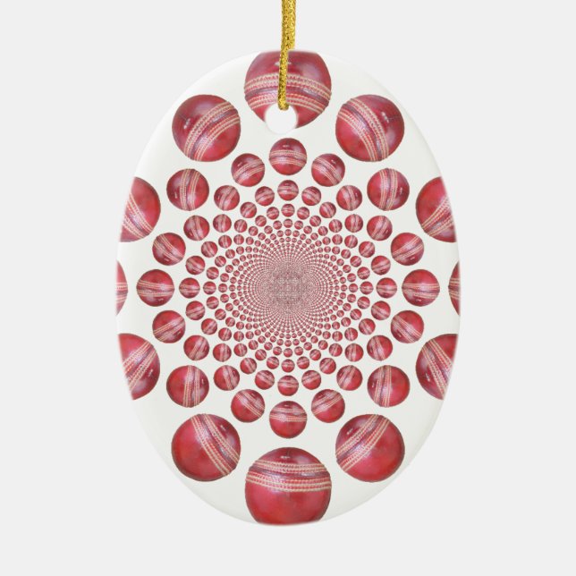 Crimson Vortex: Beautiful Red Cricket Ball Art Ceramic Tree Decoration (Front)