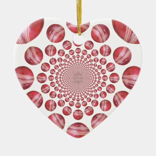 Crimson Vortex: Beautiful Red Cricket Ball Art Ceramic Tree Decoration (Front)