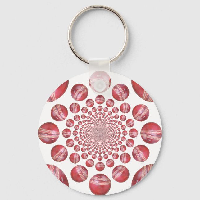 Crimson Vortex: Beautiful Red Cricket Ball Art Key Ring (Front)