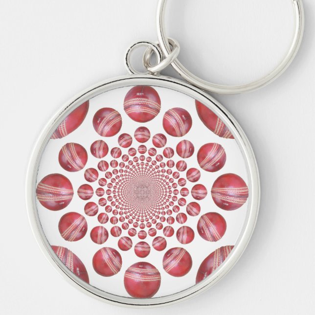 Crimson Vortex: Beautiful Red Cricket Ball Art Key Ring (Front)