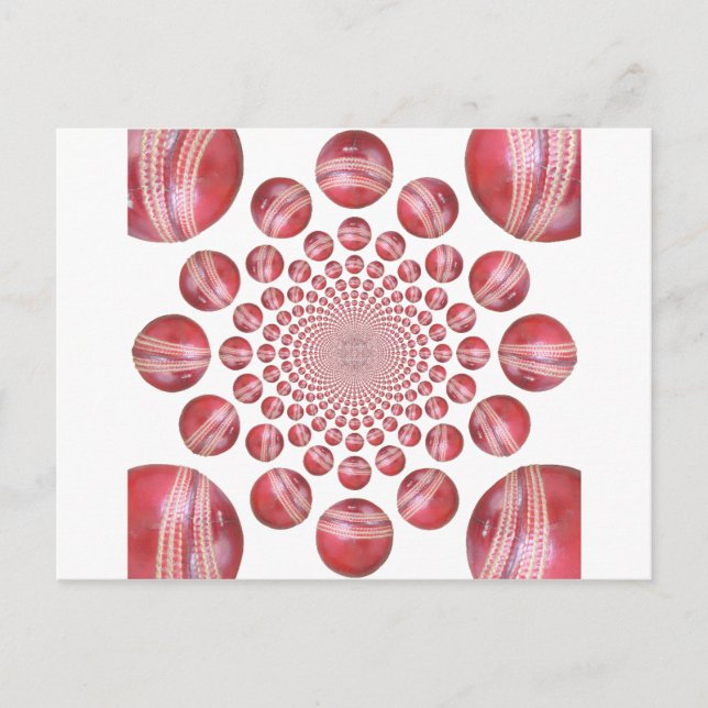 Crimson Vortex: Beautiful Red Cricket Ball Art Postcard (Front)