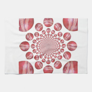 Crimson Vortex: Beautiful Red Cricket Ball Art Tea Towel