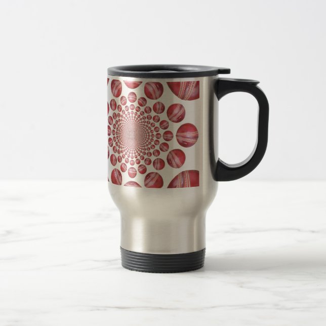 Crimson Vortex: Beautiful Red Cricket Ball Art Travel Mug (Right)