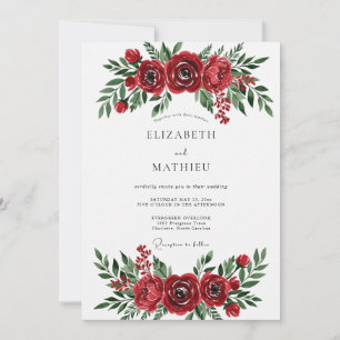 Crimson Watercolor Floral Romantic Wedding Invitation