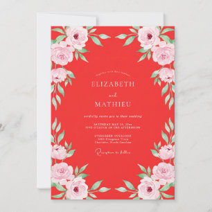 Crimson Watercolor Leafy Wedding Invitation