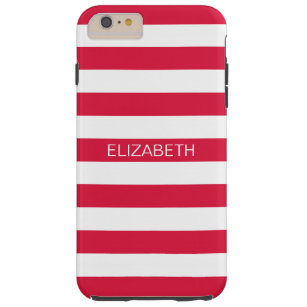 Crimson Wht Horizontal Preppy Stripe Name Monogram Tough iPhone 6 Plus Case