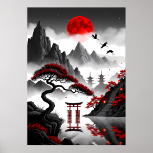 Crimson Zen: Japanese Red Moon Landscape Poster