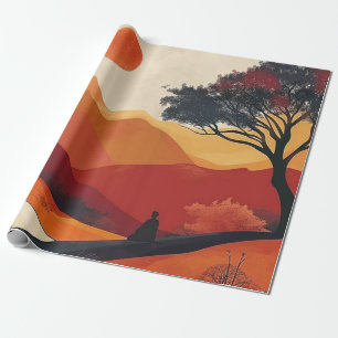 Crimson Zen Mountain Landscape Golden Sunset Art Wrapping Paper