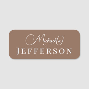 Crisp Russet Brown Modern White Script Name Tag