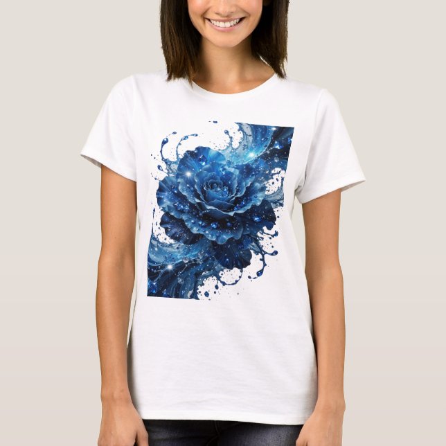 Crisp Silver BLUE ROSE Print T-Shirt (Front)
