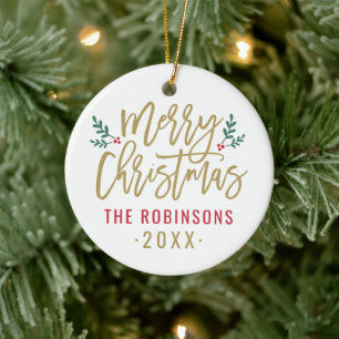 Crisp White Gold Script Merry Christmas Photo Ceramic Tree Decoration