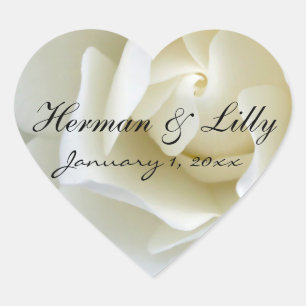 Crisp White Rose Personalised Wedding Heart Sticker