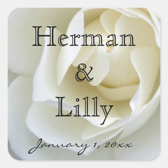 Crisp White Rose Personalized Wedding Square Sticker (Front)