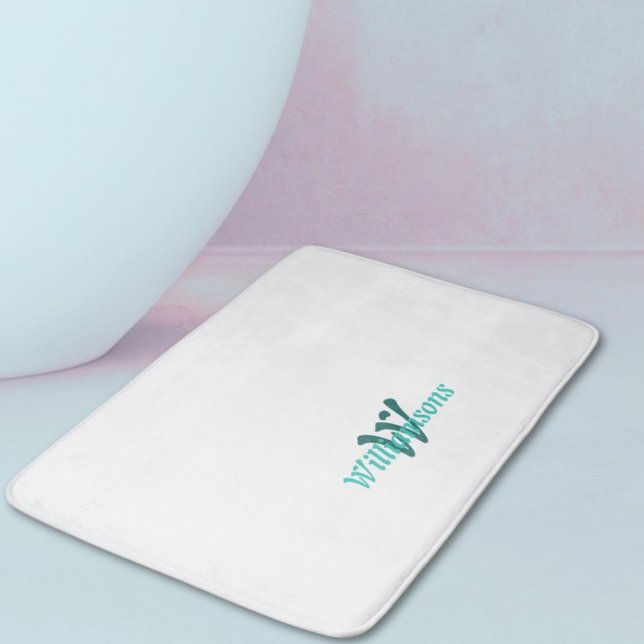 Crisp White Teal Monogram Name Bath Mat (Crisp White Teal Monogram Name Bath Mat)