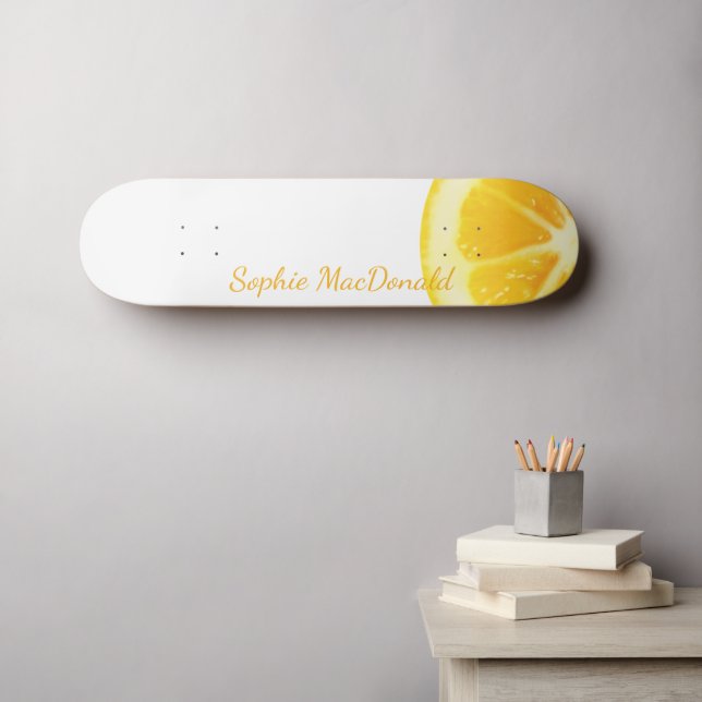 CRISP YELLOW LEMON CITRUS FRUIT ON WHITE WITH NAME SKATEBOARD (Wall Art (Horz))