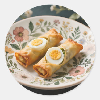 Crispy Egg Rolls on Floral Plate Classic Round Sticker