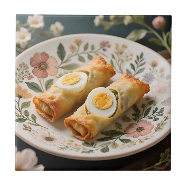 Crispy Egg Rolls on Floral Plate Tile (Front)