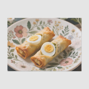 Crispy Egg Rolls on Floral Plate Tissue Paper