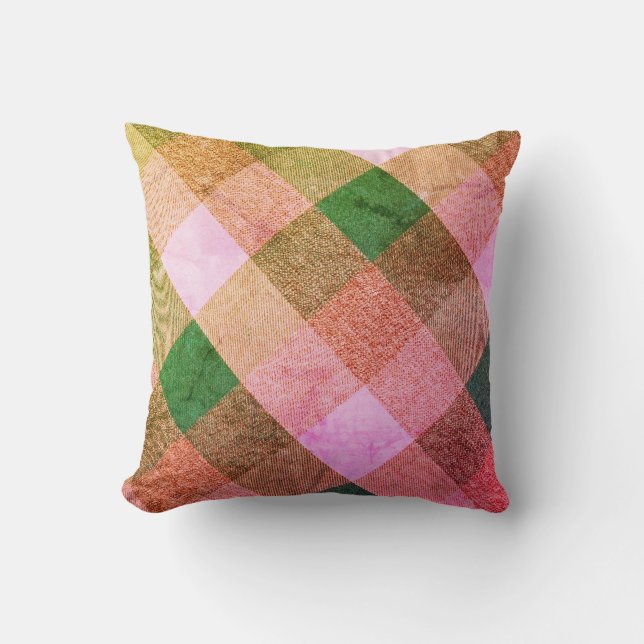 Criss Cross Diamond Plaid Green Pink Cushion (Front)