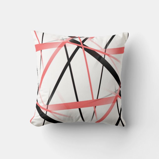 Criss Crossed Coral and Black Stripes on White Cushion (Front)