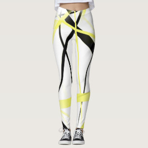 Criss Crossed Lemon Yellow and Black Stripes on Wh Leggings