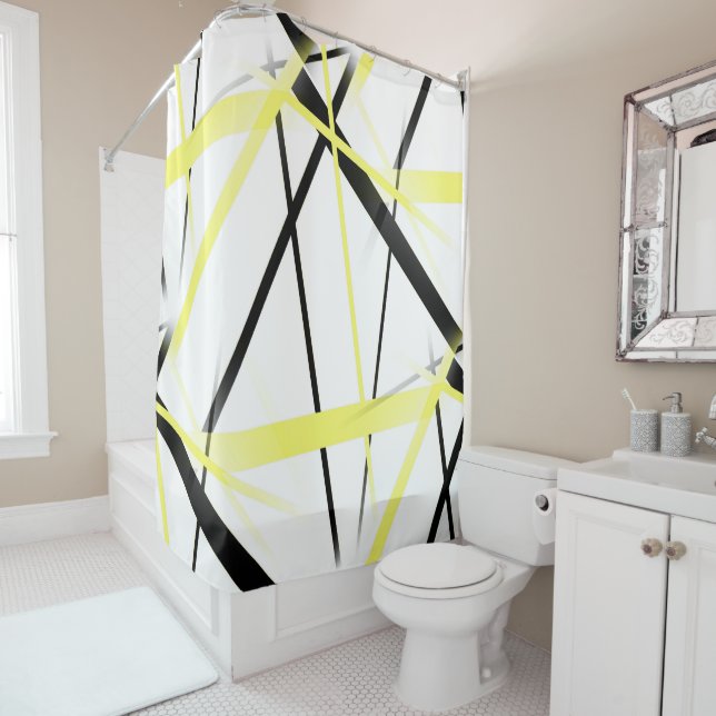 Criss Crossed Lemon Yellow and Black Stripes on Wh Shower Curtain (In Situ)