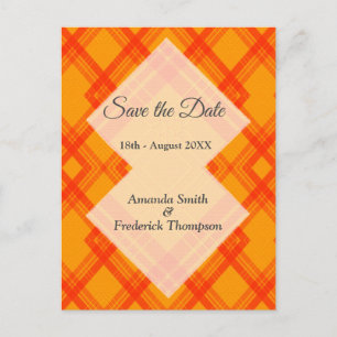 Crisscrossed Happy Red & Yellow/Orange Announcement Postcard