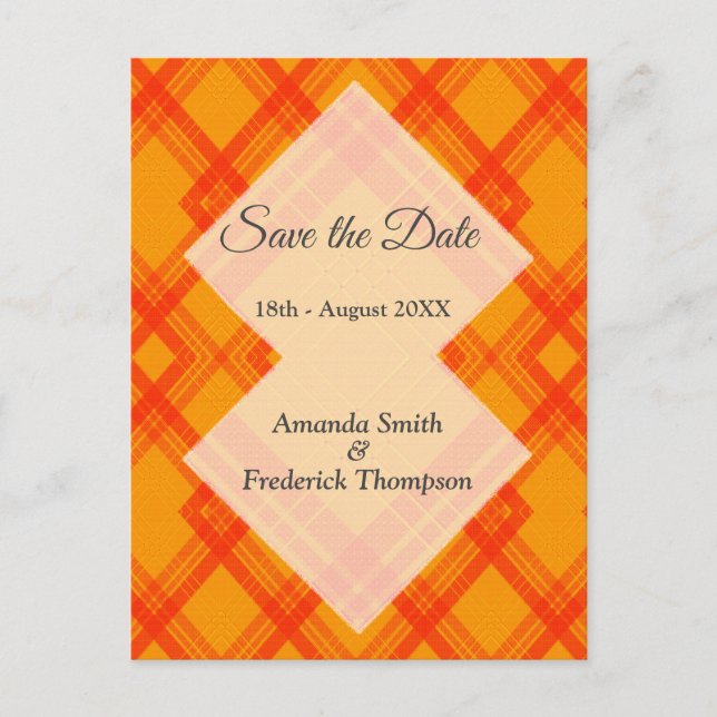 Crisscrossed Happy Red & Yellow/Orange Announcement Postcard (Front)