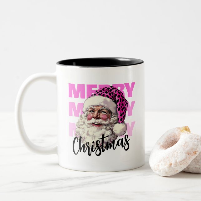 Cristmas Pink Santa With Leopard Hat Coffee Mug (With Donut)