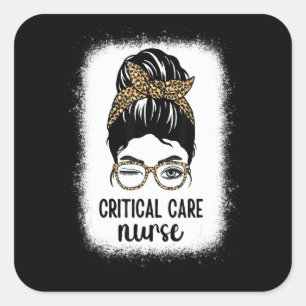 Critical Care Nurse Nursing Leopard Messy Bun Inte Square Sticker