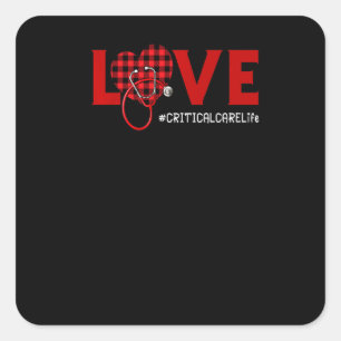 Critical Care Nurse Plaid Red Love Heart Stethosco Square Sticker