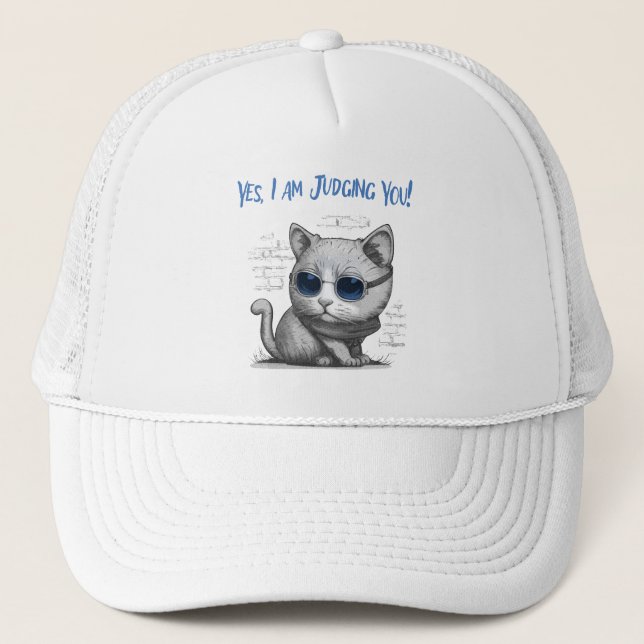 Critical Cat Judging You Blue Text Trucker Hat (Front)