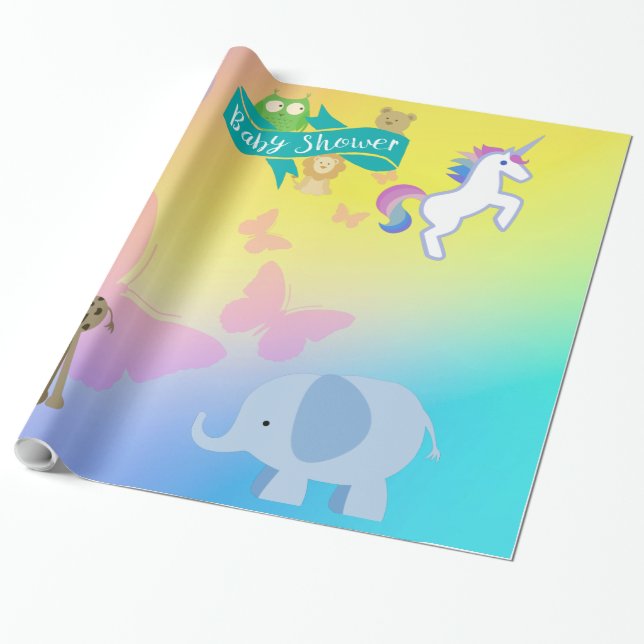 Critters and Butterflies Baby Shower Yellow Blue  Wrapping Paper (Unrolled)