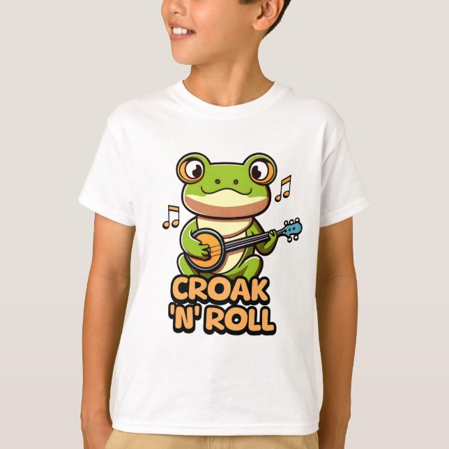 Croak 'N' Roll. Cute Banjo Playing Frog Cartoon T-Shirt (Front)