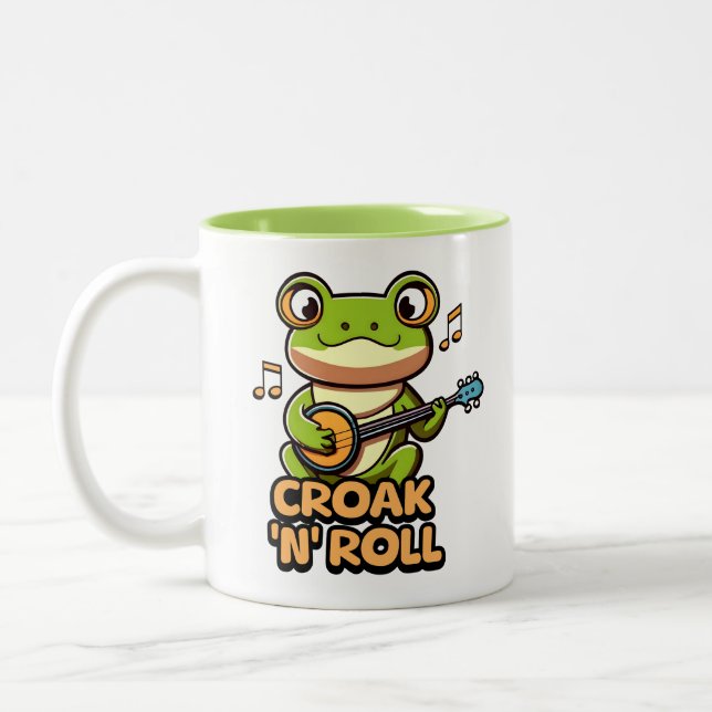Croak 'N' Roll. Cute Banjo Playing Frog Cartoon Two-Tone Coffee Mug (Left)