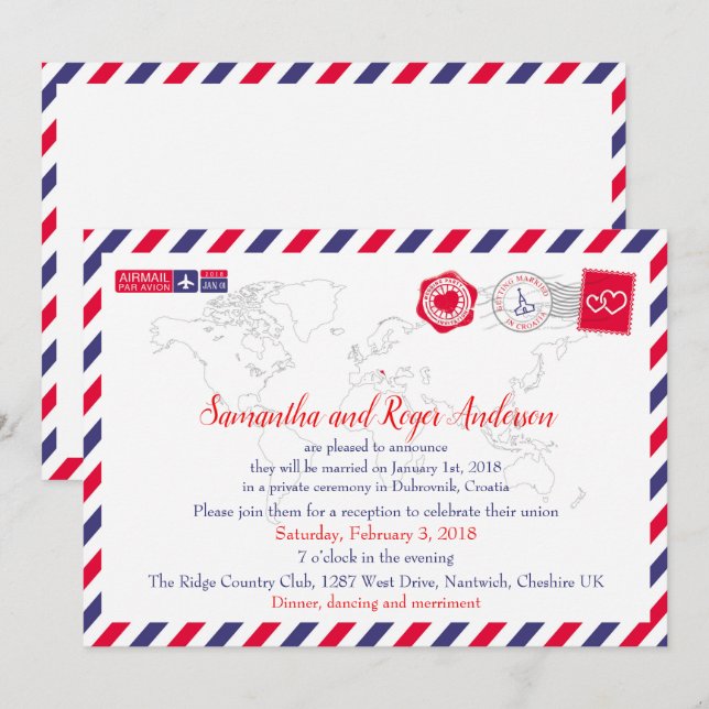 Croatia Air Mail Post Wedding Reception Card (Front/Back)